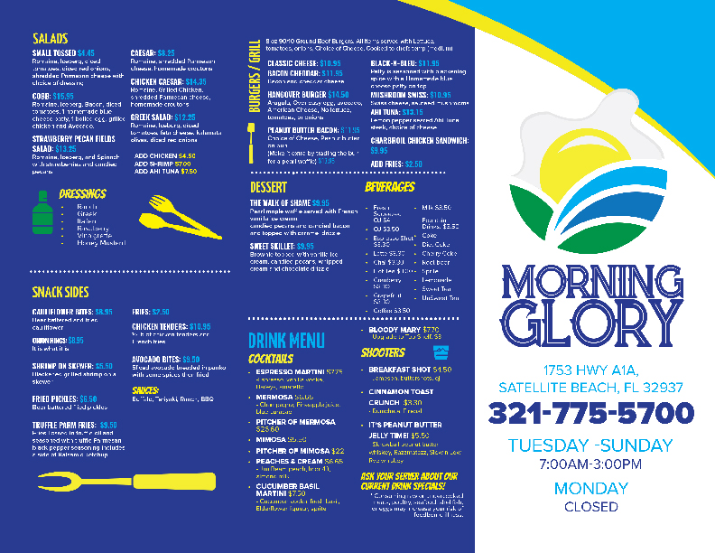 Satellite Beach Restaurants | Morning Glory Menu - Front
